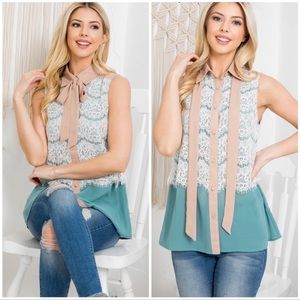 RYU Mint Beige Button Down Sleeveless Victorian Lace Top